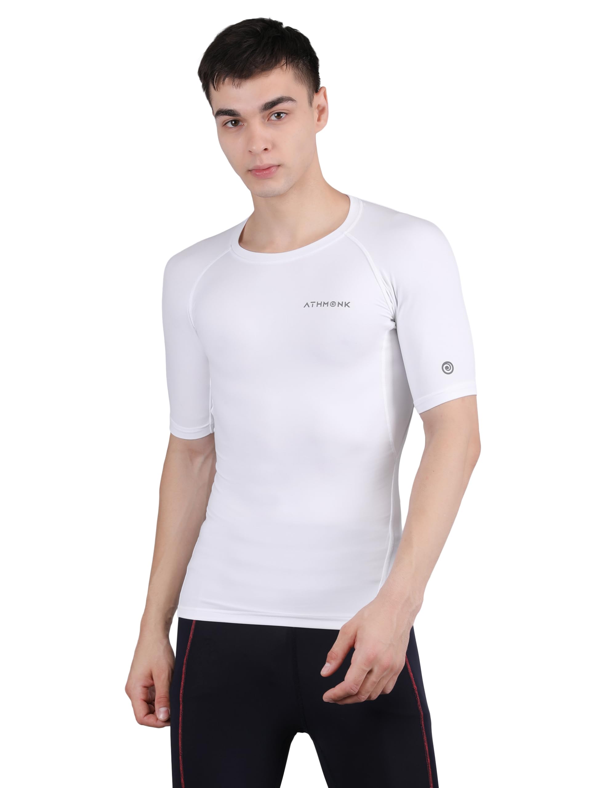 Athmonk Compression T-Shirt Vest Body Shaper Half Sleeve for Men Boys Branded - Nylon Lycra Fabric - Workout Gym Cricket Football Sports Training - Keep Dry Tight Skin Fit - Round Neck